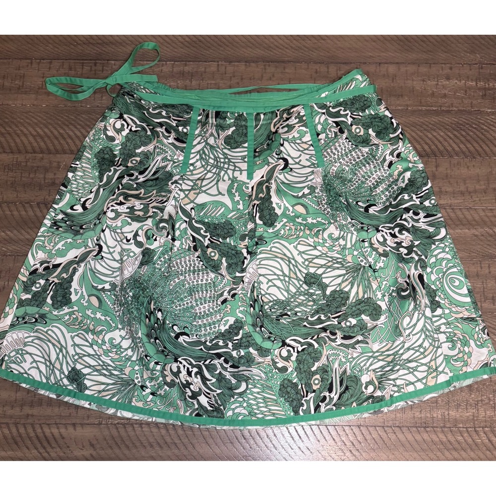 Talbots Woman Green White Abstract Print A-Line Skirt Size 16W Cotton Blend